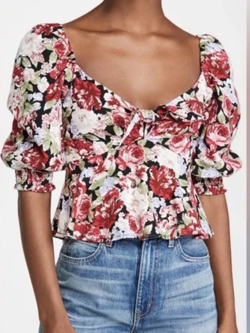 MINKPINK Red & White Floral Puff-Sleeve Peplum Top